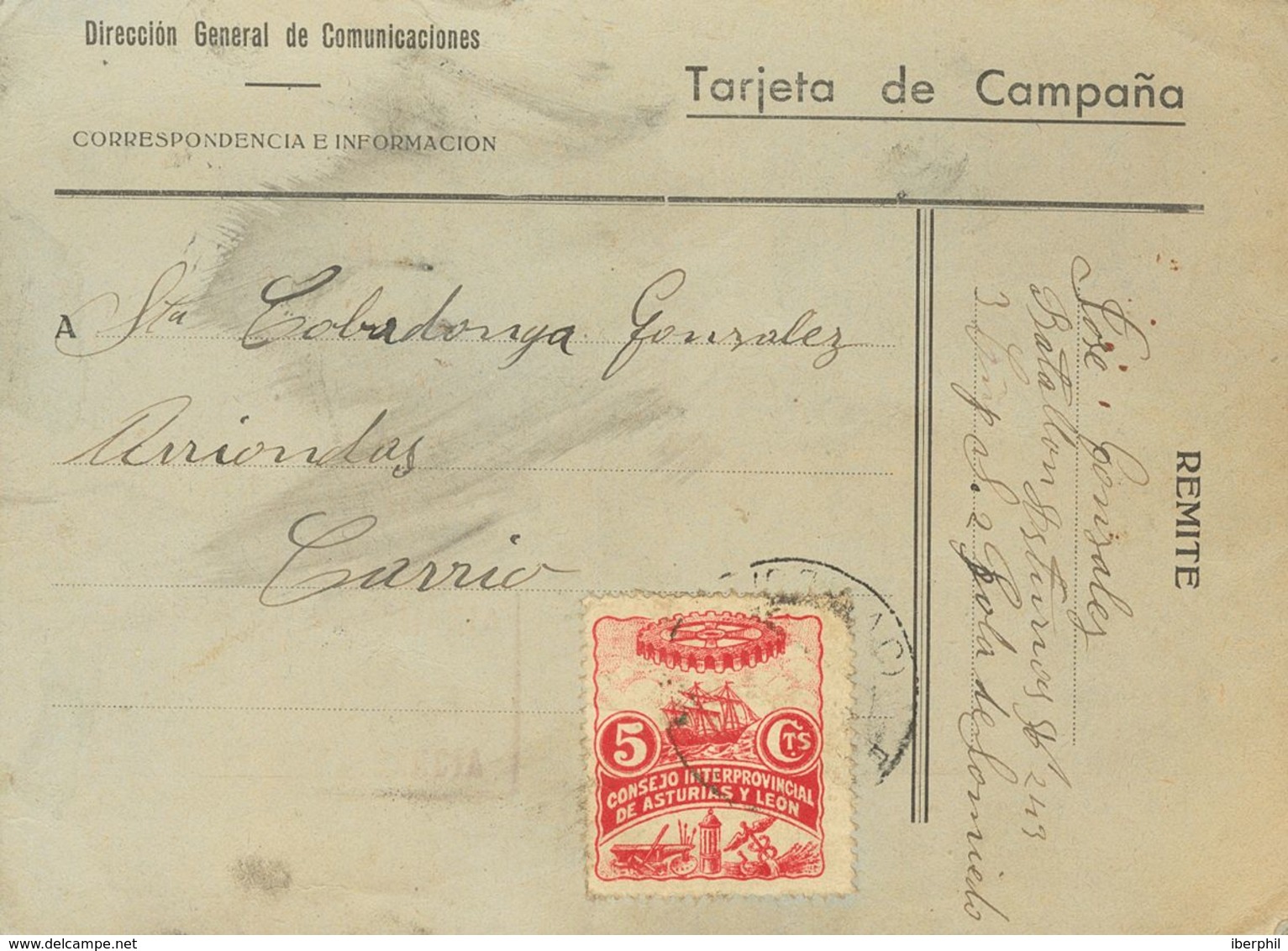 Sobre 3. 1937. 5 Cts Rojo. Tarjeta Postal De Campaña De POLA DE SOMIEDO A ARRIONDAS. BONITA Y RARA. - Asturies & Leon