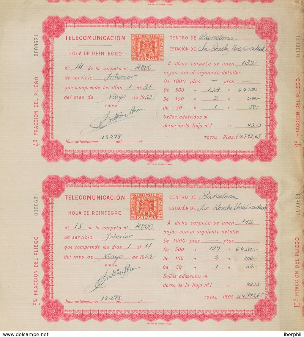 º. 1951. Conjunto De Hojas De Reintegro De Telégrafos Con Los Valores De 500 Pts Naranja (hoja Completa De Diez Usada),  - Other & Unclassified