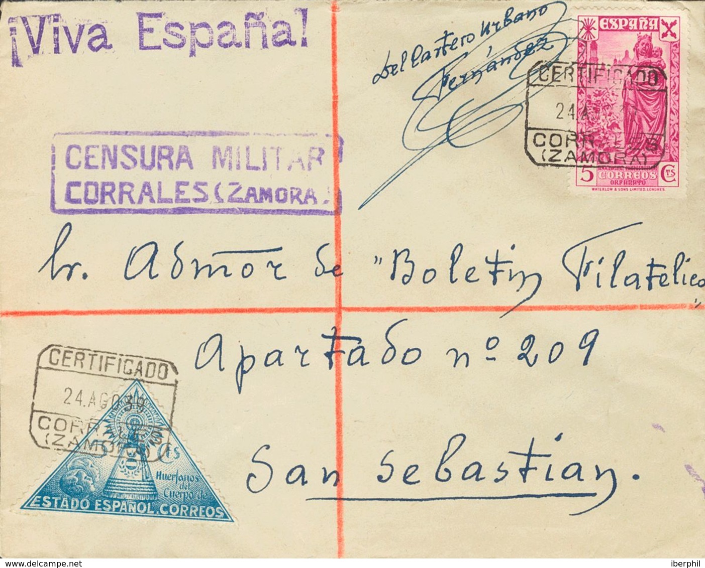 Sobre 20, 21. 1939. 5 Cts Azul Y 5 Cts Rosa Lila. Certificado De CORRALES (ZAMORA) A SAN SEBASTIAN. En El Frente Manuscr - Bienfaisance