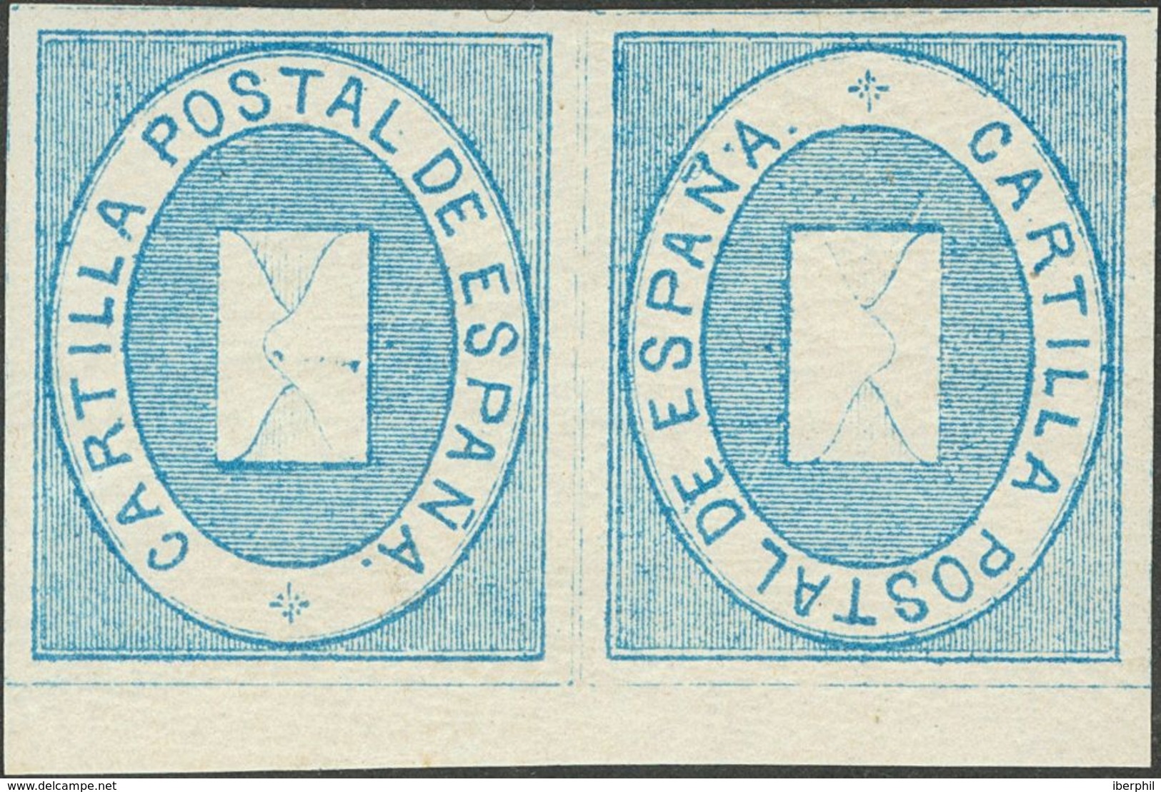 **1aii. 1869. Sin Valor, Azul, Borde De Hoja, En Pareja. Variedad UN SELLO INVERTIDO. MAGNIFICA. Edifil 2017: +200 Euros - Military Service Stamp