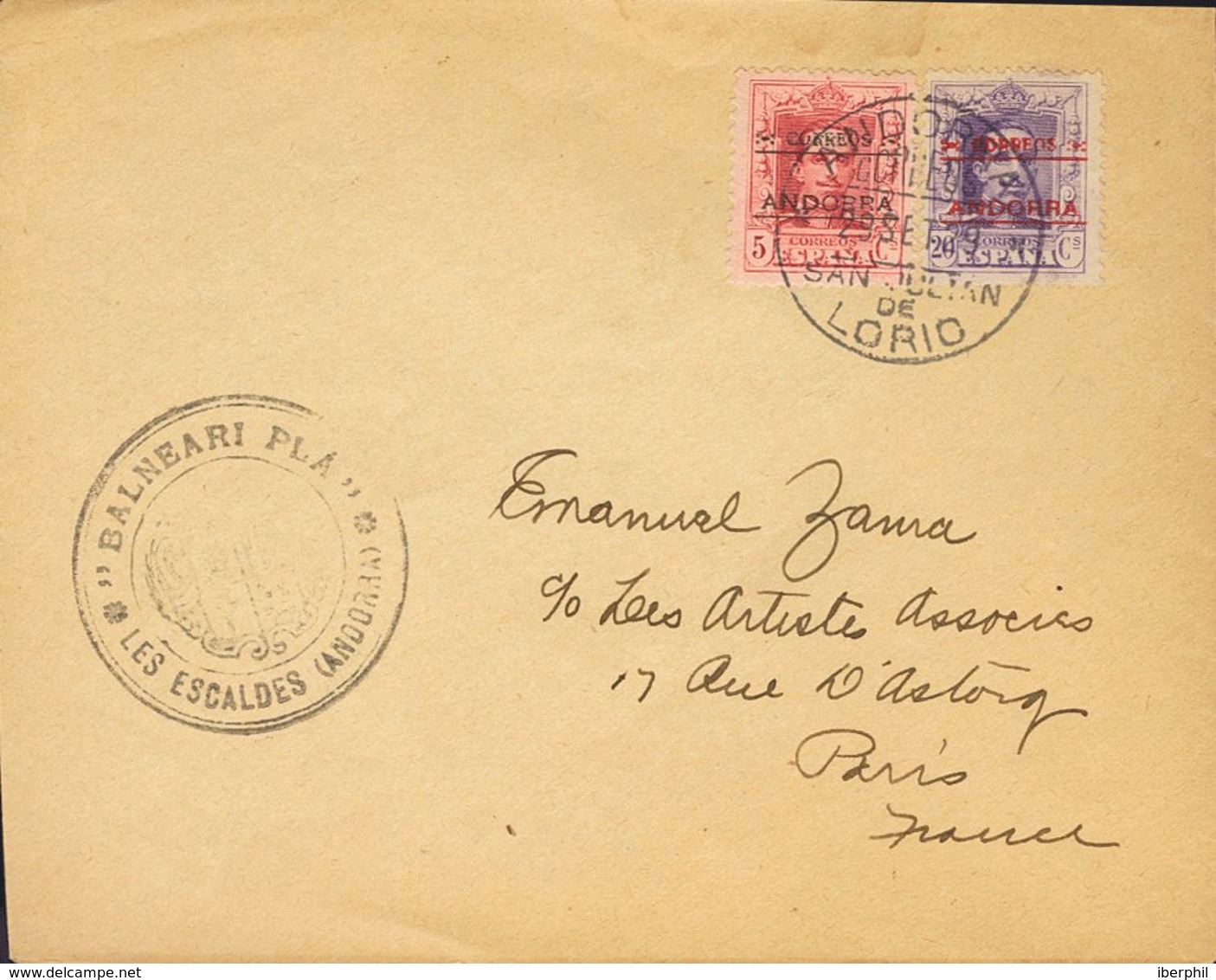Sobre 2, 5. 1929. 5 Cts Rojo Carmín Y 20 Cts Violeta. SAN JULIAN DE LORIA A PARIS (FRANCIA). En El Frente Marca BALNEARI - Autres & Non Classés