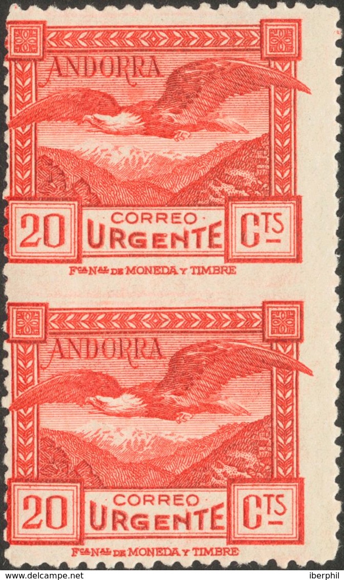 **27spv. 1929. 20 Cts Rojo, Pareja Vertical. SIN DENTAR ENTRE LOS SELLOS. BONITA Y RARA. Edifil 2013: 775 Euros - Other & Unclassified