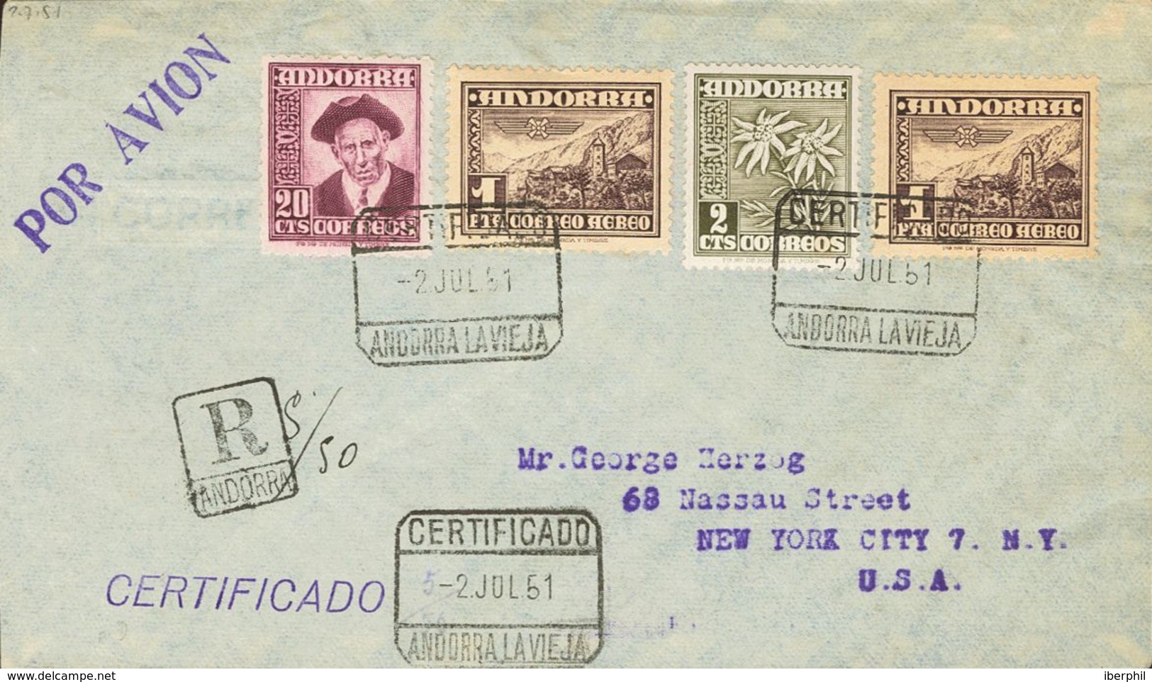 Sobre 45, 48. 1951. 1 Pts Violeta, Dos Sellos, 2 Cts Oliva Y 20 Cts Lila. Certificado De ANDORRA LA VIEJA A NUEVA YORK ( - Andere & Zonder Classificatie