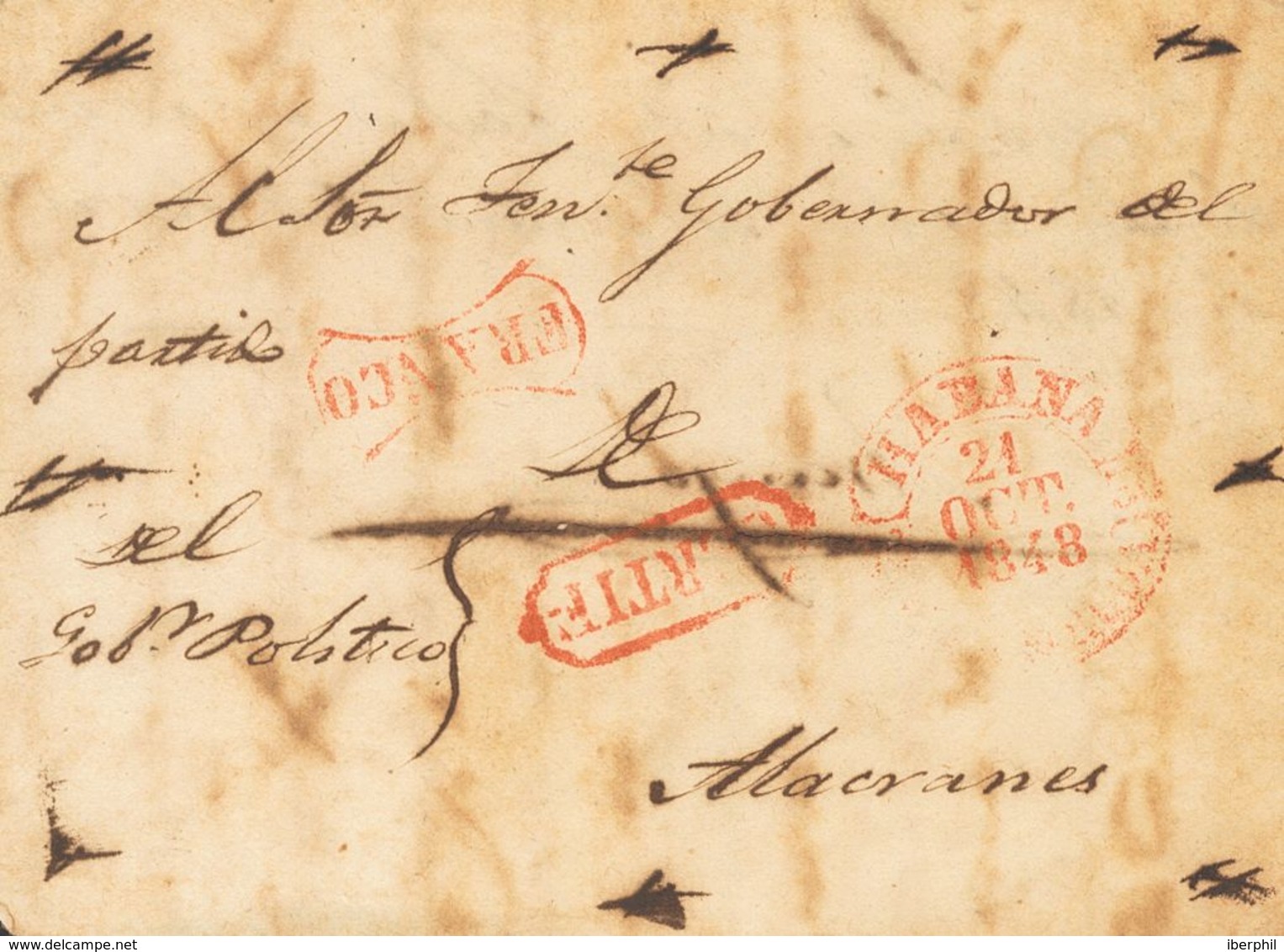 Sobre . 1848. Certificado De LA HABANA A ALACRANES. Marcas FRANCO Y CERTIF, Ambas En Rojo Y De Uso General (P.E.19 Y P.E - Other & Unclassified