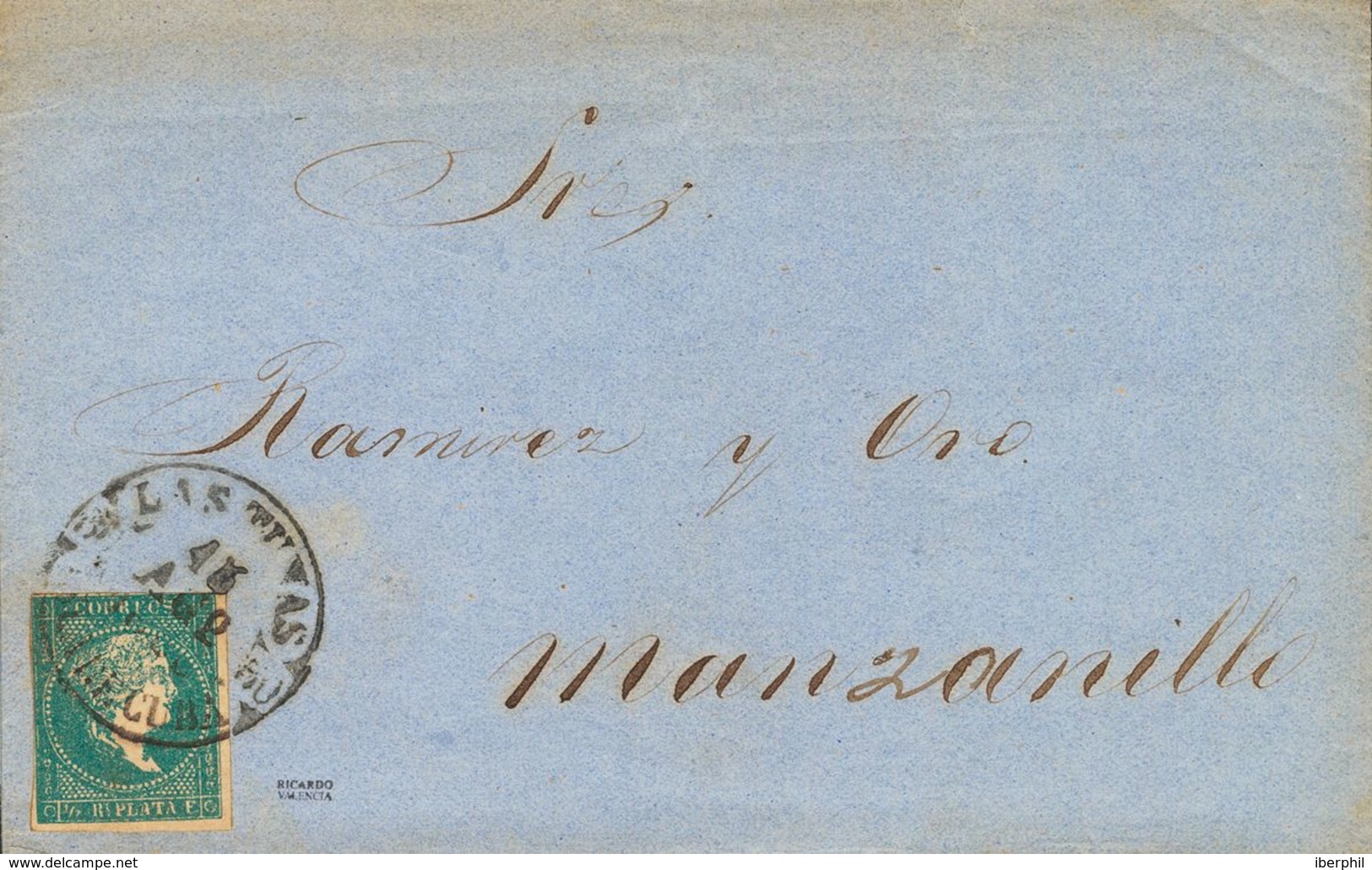 Sobre Ant.7. 1860. ½ Real Azul. LAS TUNAS A MANZANILLO. Matasello Baeza LAS TUNAS / ISLA DE CUBA. MAGNIFICA. - Cuba (1874-1898)