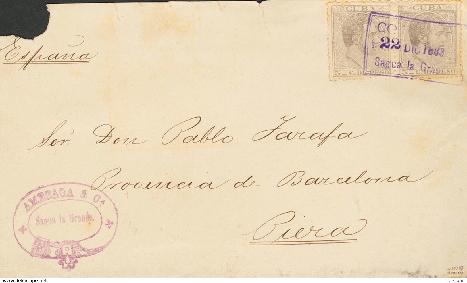 Sobre 100(2). 1883. 5 Cts Gris, Dos Sellos. Frontal De SAGUA LA GRANDE A PIERA (ESPAÑA). Matasello CORREOS / 22 DIC 1883 - Cuba (1874-1898)