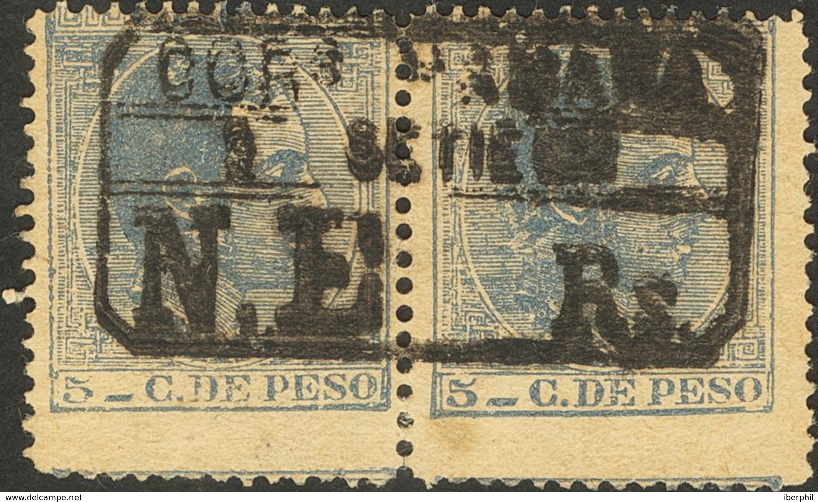 º100F(2). 1883. 5 Cts Azul Gris, Pareja FALSO POSTAL. MAGNIFICA Y ESPECTACULAR MATASELLO. - Cuba (1874-1898)