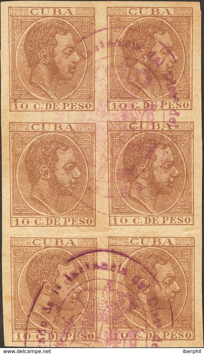 º102F(6). 1883. 10 Ctvos Castaño, Bloque De Seis (sin Dentar). FALSO POSTAL. MAGNIFICO Y RARO. Cert. ECHENAGUSIA. - Cuba (1874-1898)