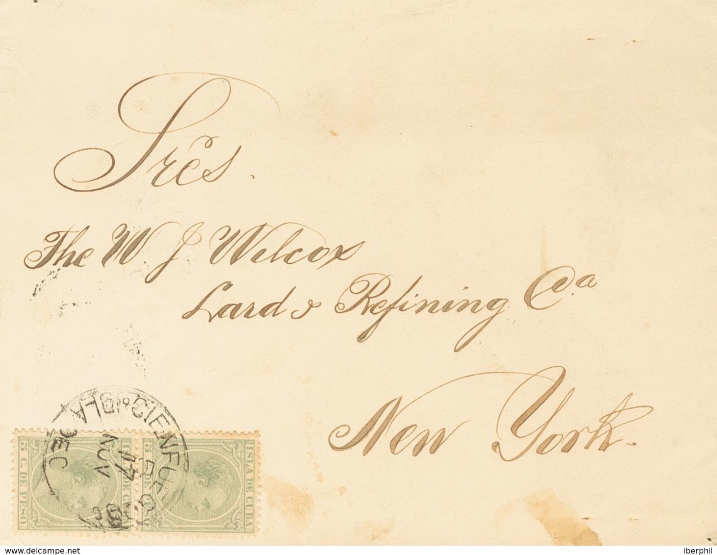 Sobre 127(2). 1892. 5 Cts Verde, Pareja. CIENFUEGOS A NUEVA YORK (U.S.A.). Al Dorso Tránsito Por La Habana Y Llegada. MA - Cuba (1874-1898)
