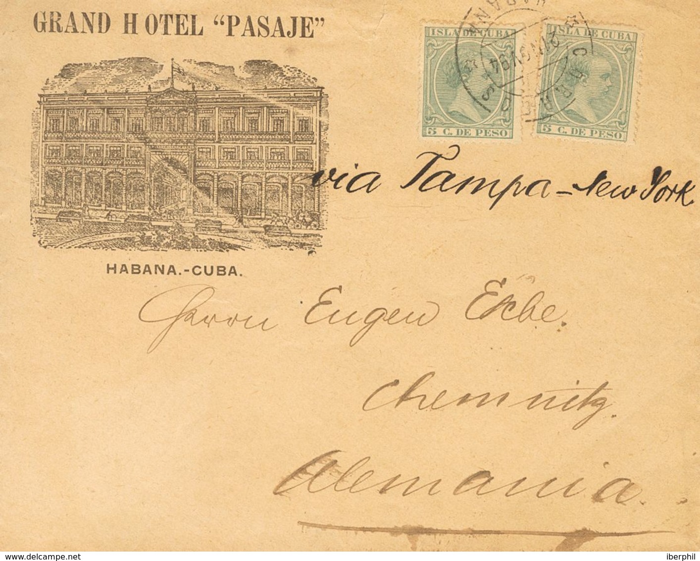 Sobre 127(2). 1894. 5 Cts Verde, Dos Sellos. Sobre Del Gran Hotel Pasaje De LA HABANA A CHEMNITZ (ALEMANIA). En El Frent - Cuba (1874-1898)