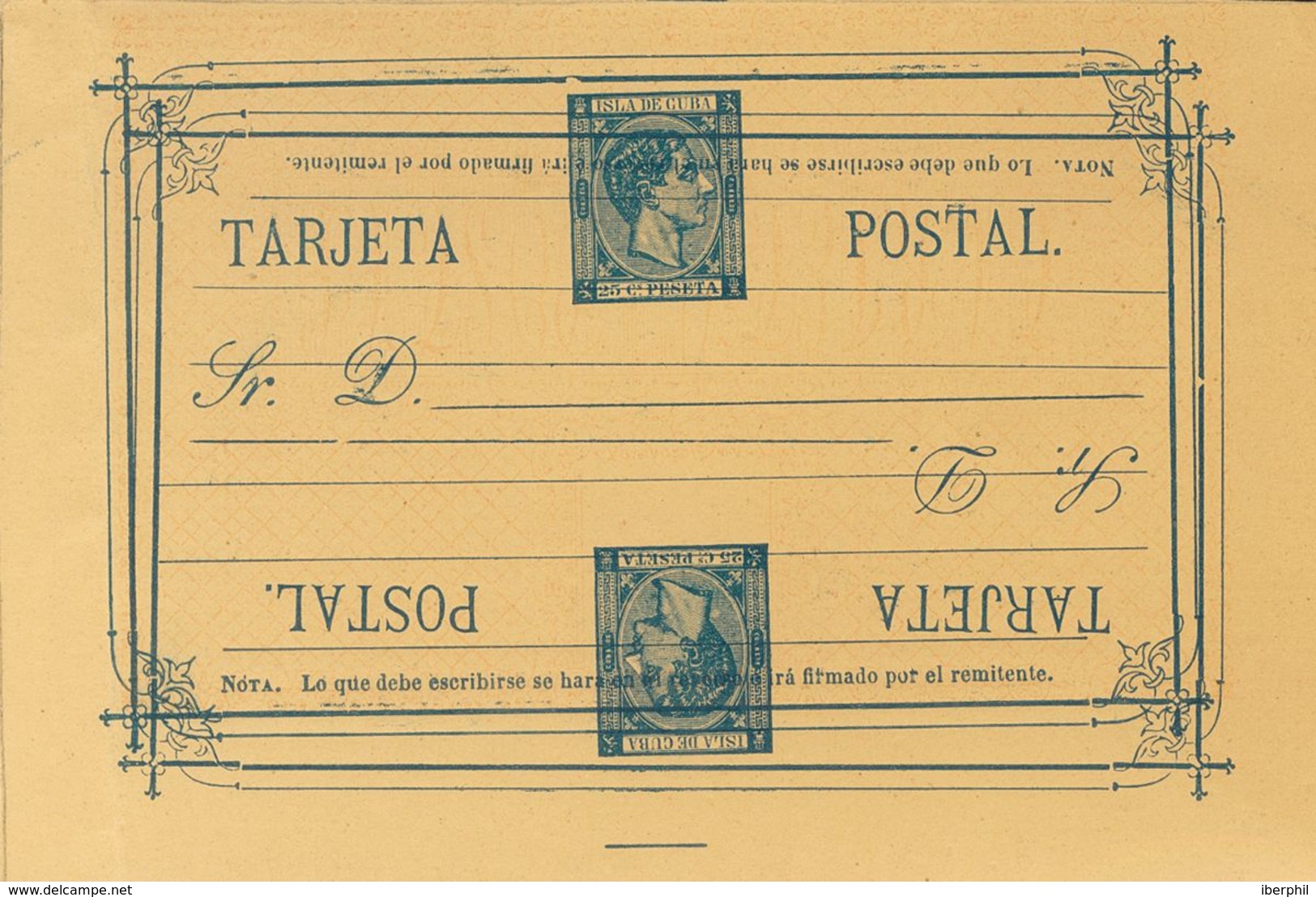 (*)EP1. 1878. 25 Cts Azul Sobre Tarjeta Entero Postal DOBLE IMPRESION, UNA INVERTIDA. MAGNIFICA Y RARA. - Autres & Non Classés