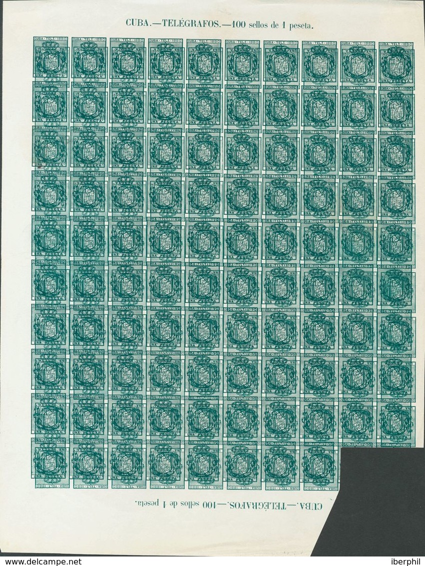 (*)49P(98). 1880. 1 Pts Verde Oscuro, Pliego Completo De Noventa Y Ocho Sellos (faltan Dos En Una Esquina). MACULATURA C - Other & Unclassified