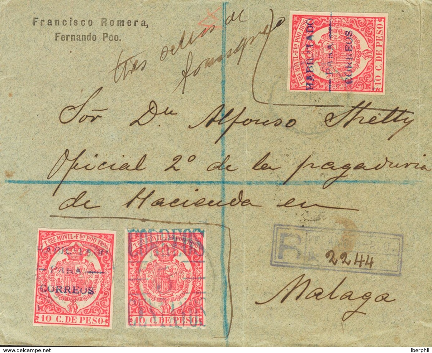 Sobre 41A, 41B(2). 1897. 5 Ctvos Sobre 10 Ctvos Rosa Y 10 Ctvos Rosa, Dos Sellos. Certificado De FERNANDO POO A MALAGA.  - Sonstige & Ohne Zuordnung