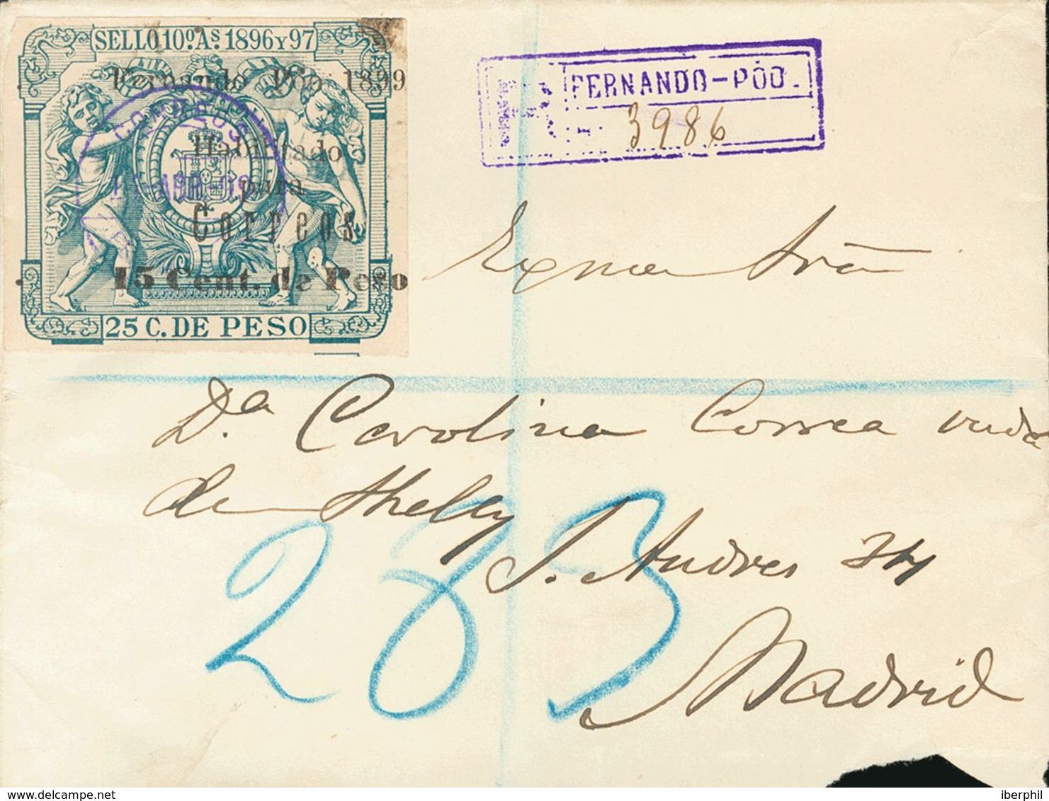 Sobre 47G. 1899. 15 Ctvos Sobre 25 Ctvos Verde. Certificado De FERNANDO POO A MADRID. Matasello CORREOS / FERNANDO POO,  - Sonstige & Ohne Zuordnung