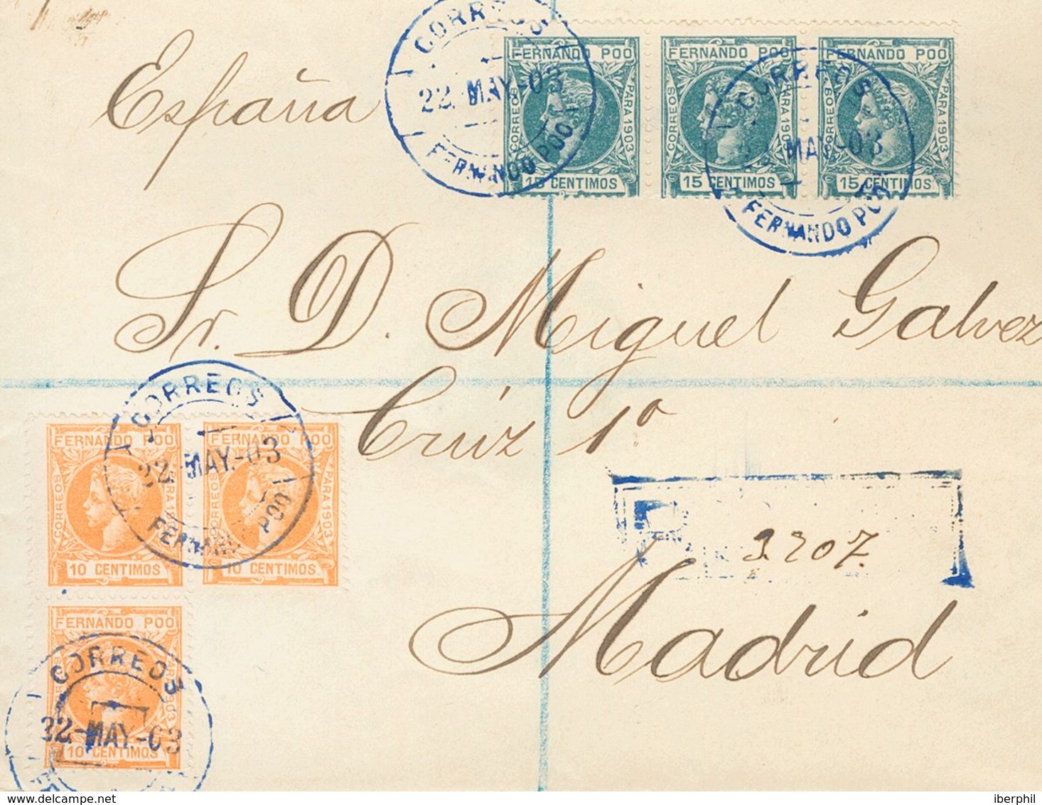 Sobre 125(3), 124(3). 1903. 10 Cts Naranja, Tres Sellos Y 15 Cts Verde, Tres Sellos. Certificado De FERNANDO POO A MADRI - Andere & Zonder Classificatie