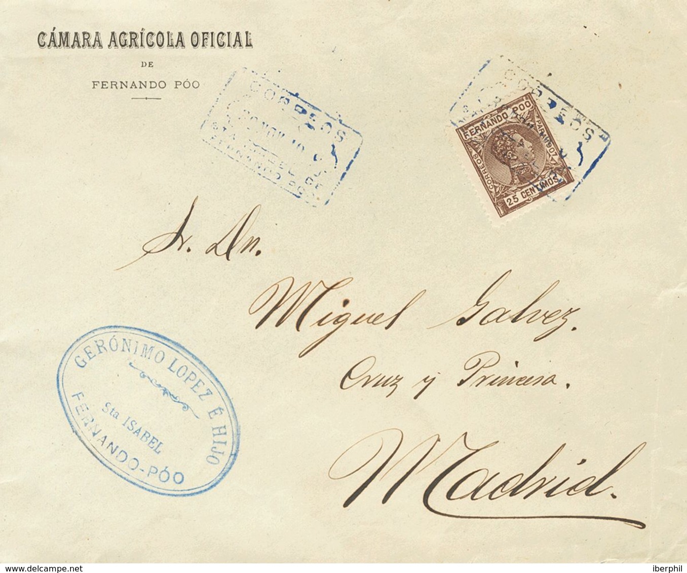 Sobre 159. 1908. 25 Cts Castaño. SANTA ISABEL A MADRID. Matasello Rectangular CORREOS / STA.ISABEL / FERNANDO POO, En Az - Other & Unclassified