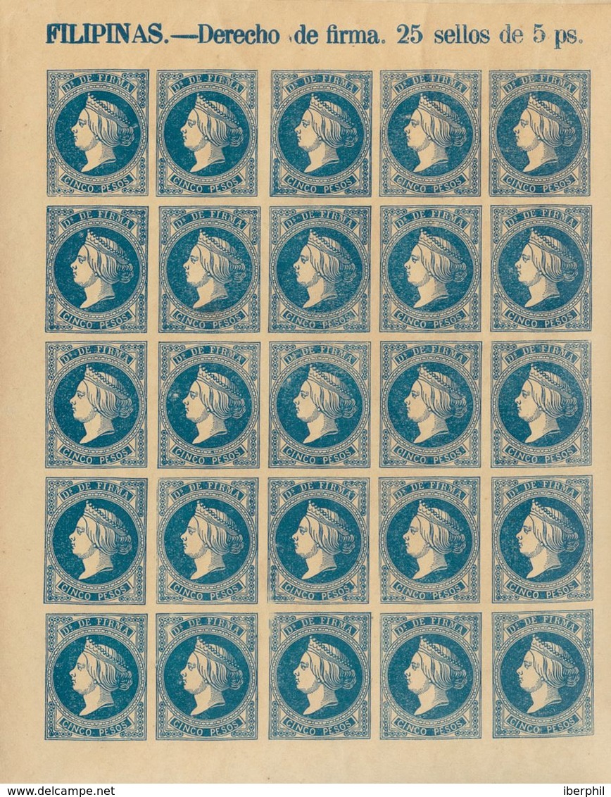 **/*. 1864. Interesante Conjunto De Cinco Pliegos Completos De 5 Pesos Azul De DERECHO DE FIRMA, Tres De Ellos Sobrecarg - Filippijnen