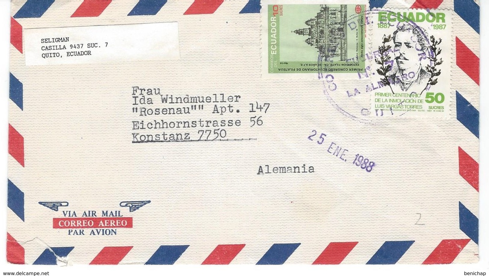 COVER CORREO AERO - VIA AIR MAIL - SELIGMAN TO ALEMANIA. - Ecuador