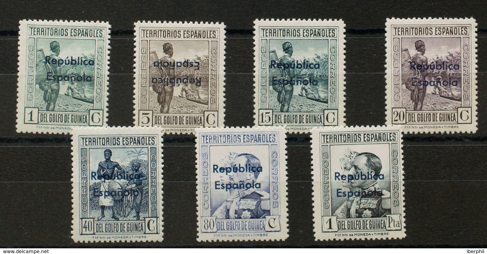 **230/41hcc. 1932. Serie Completa, Siete Valores. Variedad CAMBIO DE COLOR EN LA SOBRECARGA, En Azul. MAGNIFICA Y RARA.  - Sonstige & Ohne Zuordnung