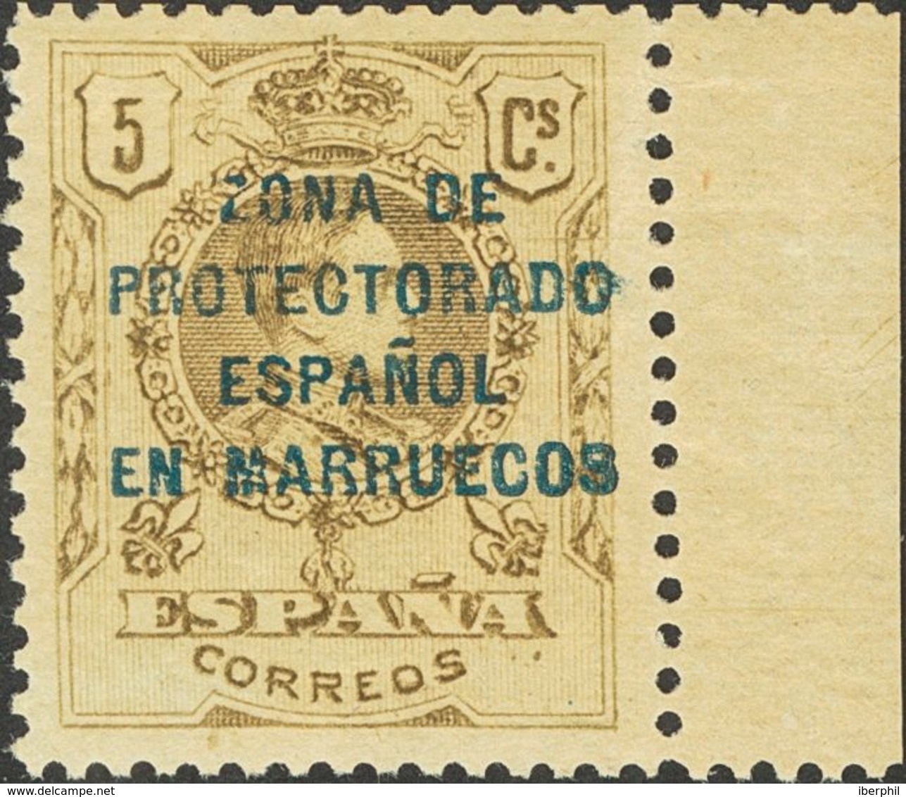 **59ec. 1916. 5 Cts Castaño, Borde De Hoja. CAMBIO DE COLOR EN LA SOBRECARGA, En Azul. MAGNIFICO Y RARO. Cert. CEM. Edif - Sonstige & Ohne Zuordnung