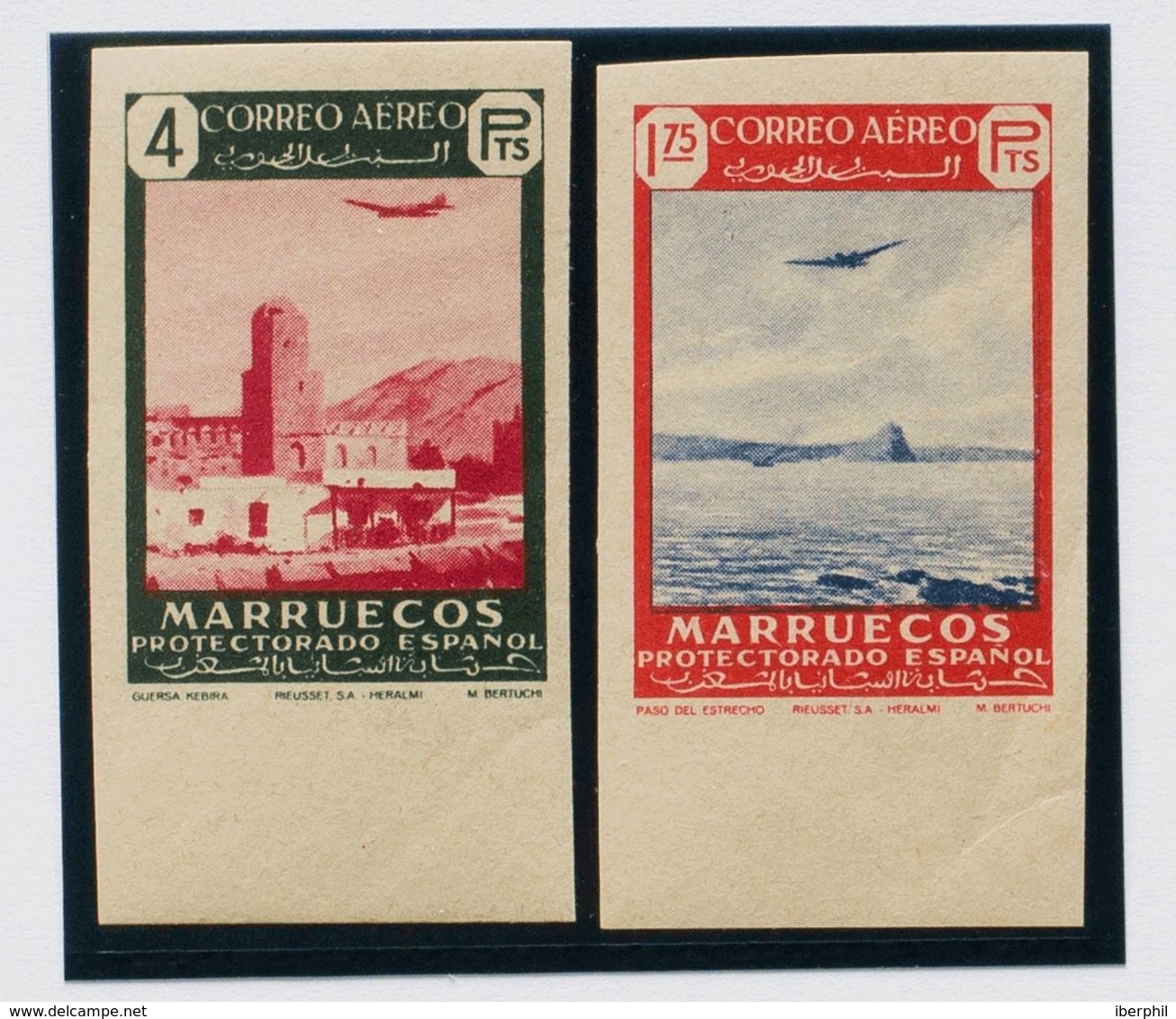 **300s, 302s. 1949. 1'75 Pts Rojo Y Ultramar Y 4 Pts Verde Y Rosa, Ambos Borde De Hoja. SIN DENTAR Y Al Dorso ARCHIVO RI - Autres & Non Classés