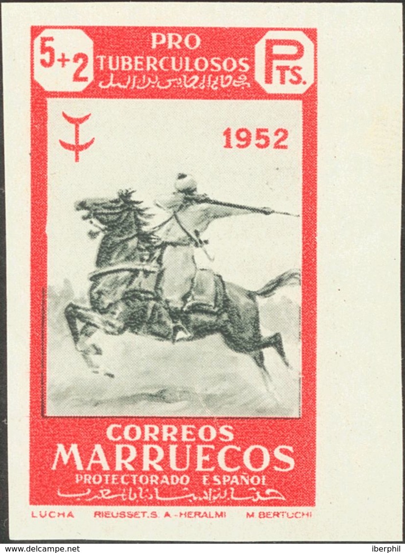 (*)365. 1952. 5 Pts + 2 Pts Rojo Y Negro, Borde De Hoja. SIN DENTAR Y Al Dorso ARCHIVO RIEUSSET MUESTRA. MAGNIFICO. - Autres & Non Classés