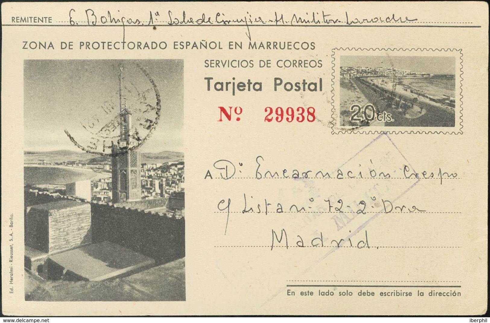 Sobre EP32. 1942. 20 Cts Gris Sobre Tarjeta Entero Postal De LARACHE A MADRID. MAGNIFICA. - Sonstige & Ohne Zuordnung