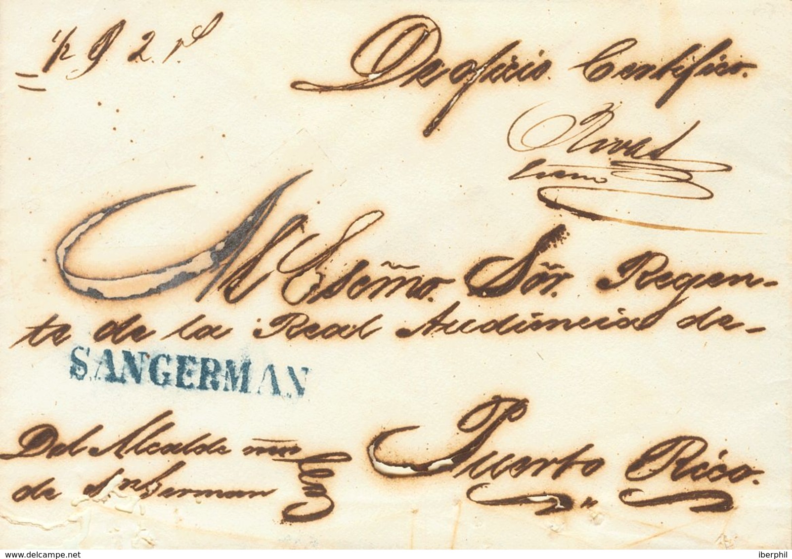 Sobre . (1860ca). SAN GERMAN A SAN JUAN (alguna Erosión Habitual). Marca SANGERMAN, En Azul (P.E.1) Edición 2004 Y Al Do - Autres & Non Classés