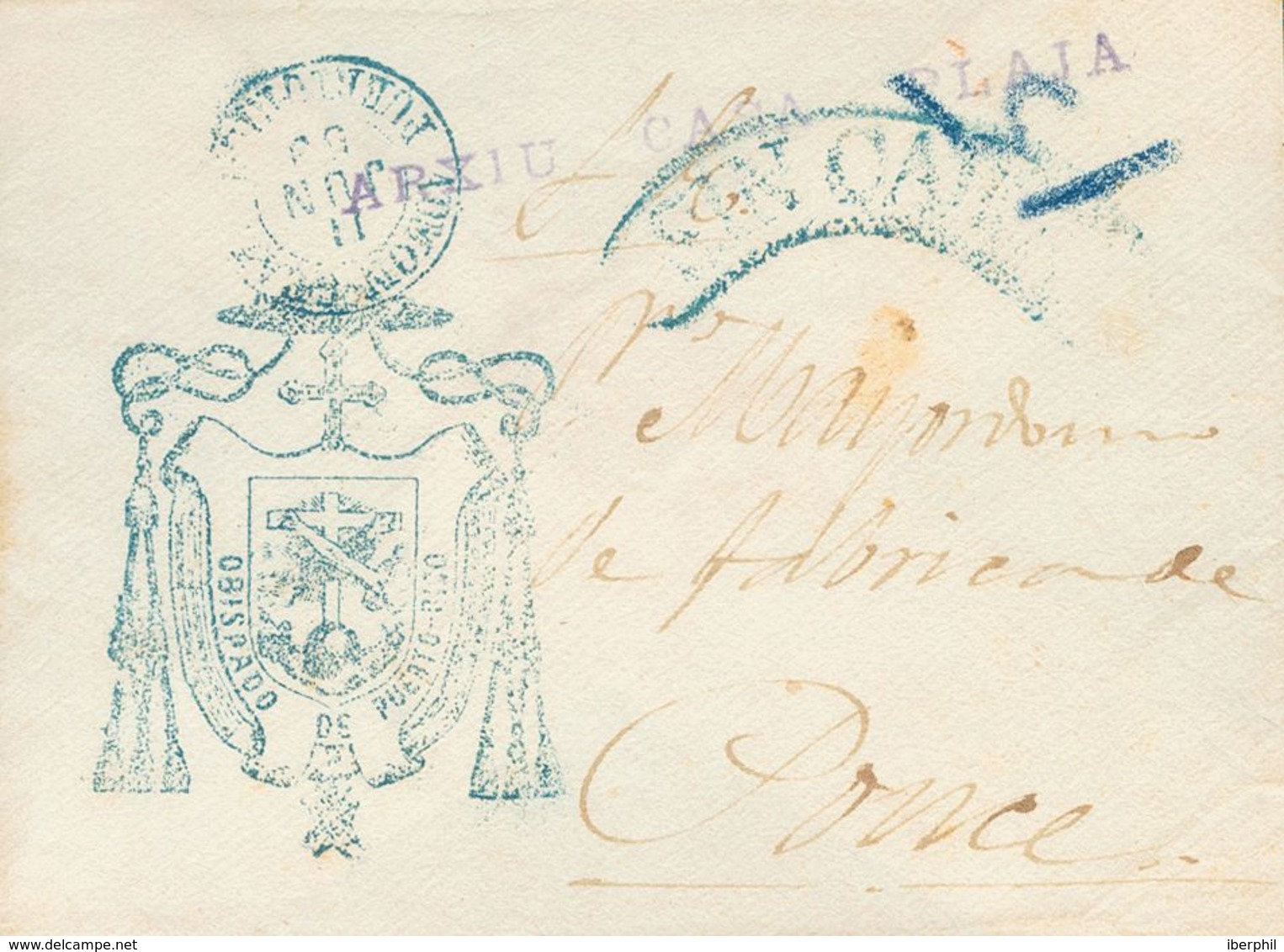 Sobre . 1859. SAN JUAN A PONCE. Fechador ADMON.GRAL / PUERTO-RICO, En Azul Y Marca SIN CARGO, En Azul (P.E.12) Edición 2 - Other & Unclassified