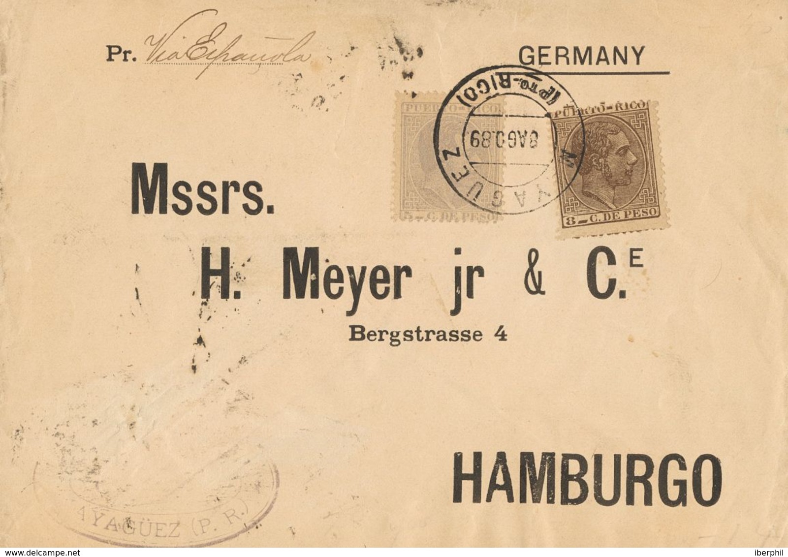 Sobre 65, 66. 1889. 5 Ctvos Gris Azul Y 8 Ctvos Castaño. MAYAGÜEZ A HAMBURGO (ALEMANIA). Matasello MAYAGÜEZ / (PTO. RICO - Sonstige & Ohne Zuordnung