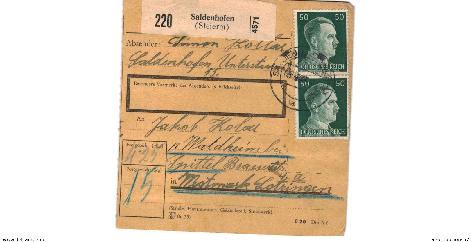 ALLEMAGNE  /  COLIS-POSTAL  /  De Saldenhofen  / Pour Waldheim Bei Spittel - Briefe U. Dokumente