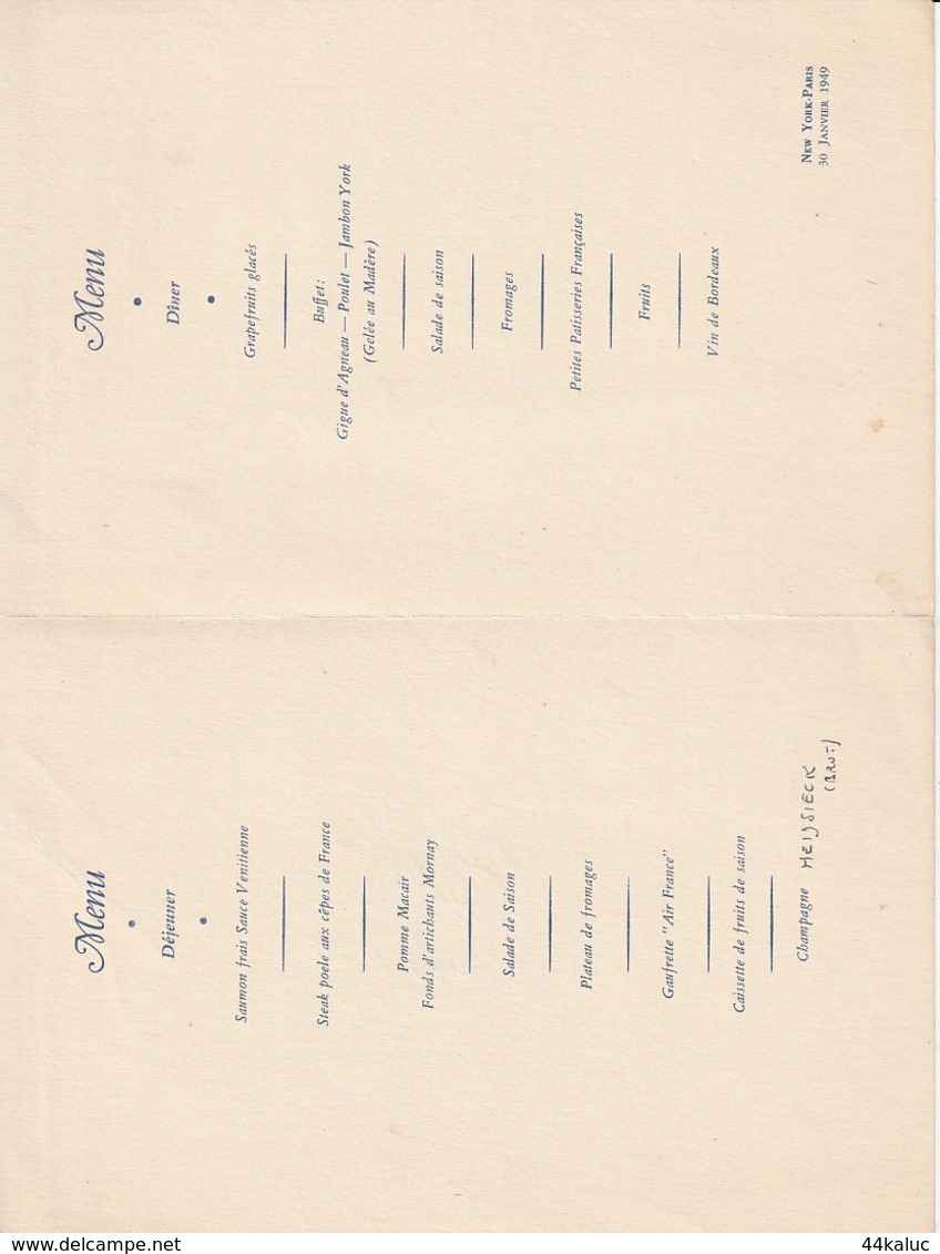 AIR FRANCE Menu Du 30 Janvier 1949 - Non Classés