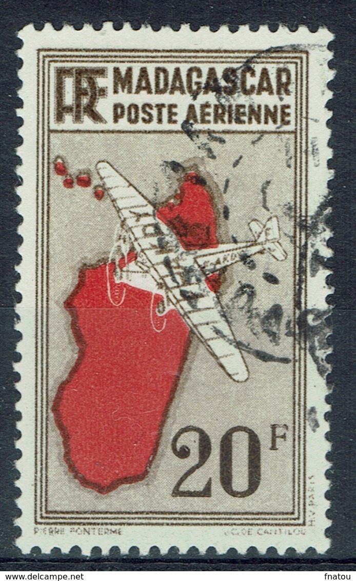 Madagascar (French Colony), Map Of The Island, 20f., 1935, VFU  airmail - Posta Aerea