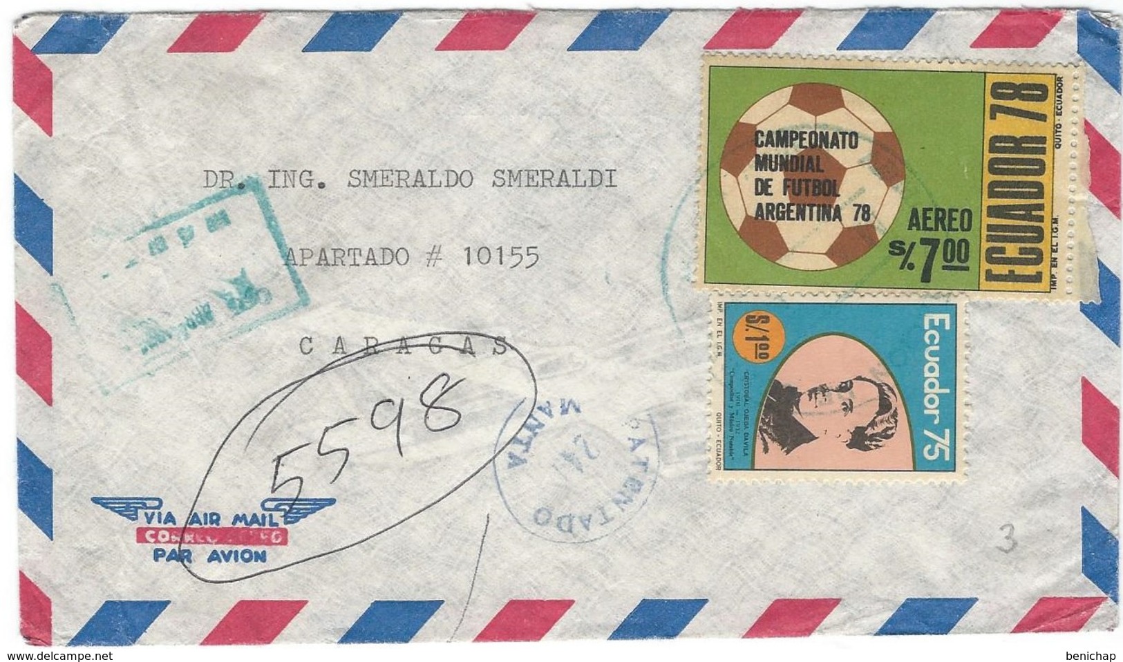 COVER CORREO ECUADOR - VIA AIR MAIL - MANTA MANABI - CARACAS. - Equateur