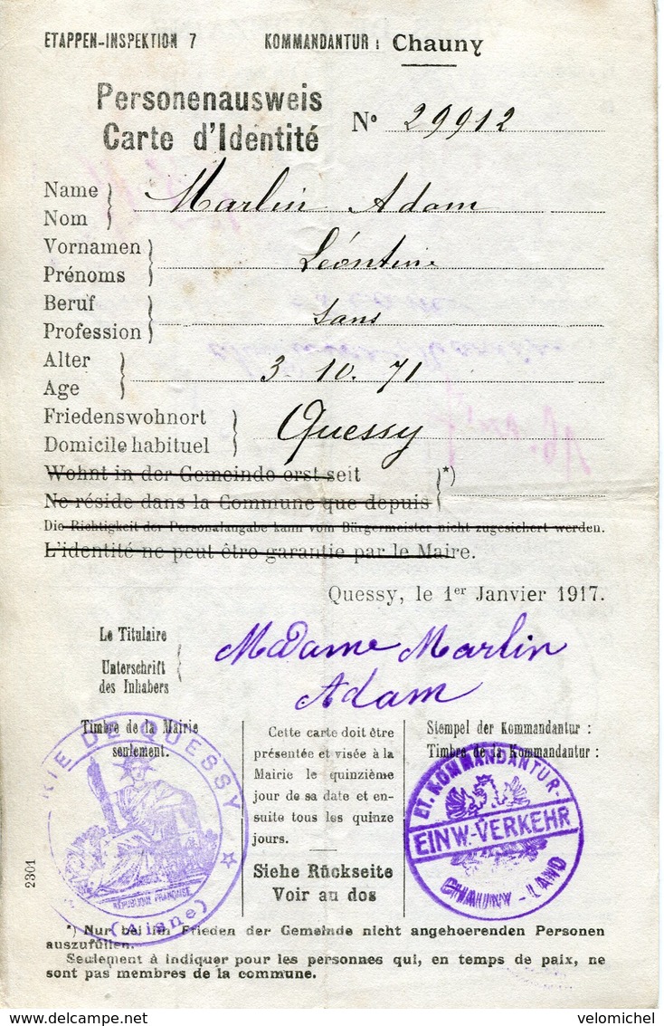 PERSONENAUSWEIS Carte D'identité 1917 QUESSY, CHAUNY - 1914-18