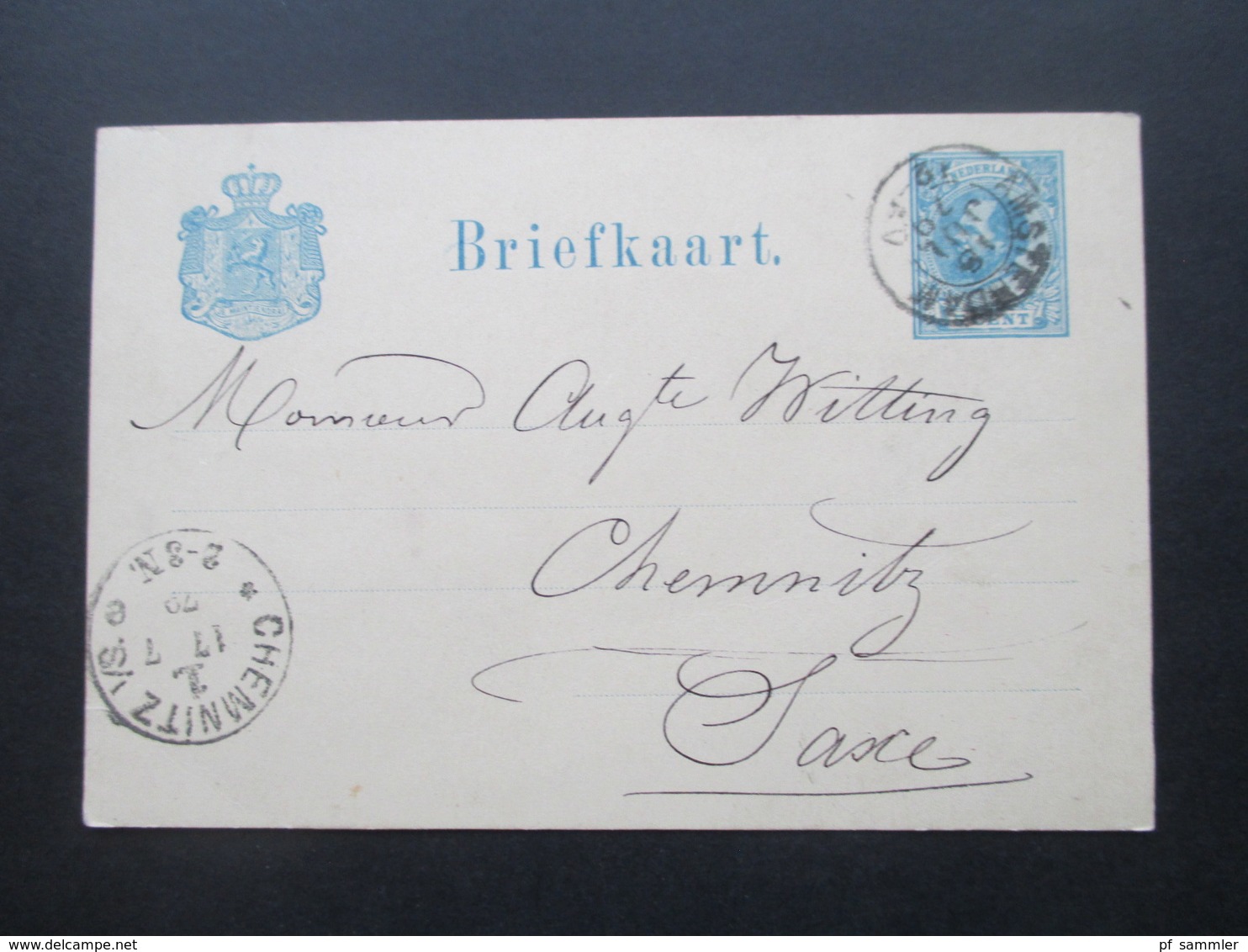 Niederlande 1879 Ganzsache Von Amsterdam Nach Chemnitz Mit Ak Stempel K1 Chemnitz I/S. E - Cartas & Documentos