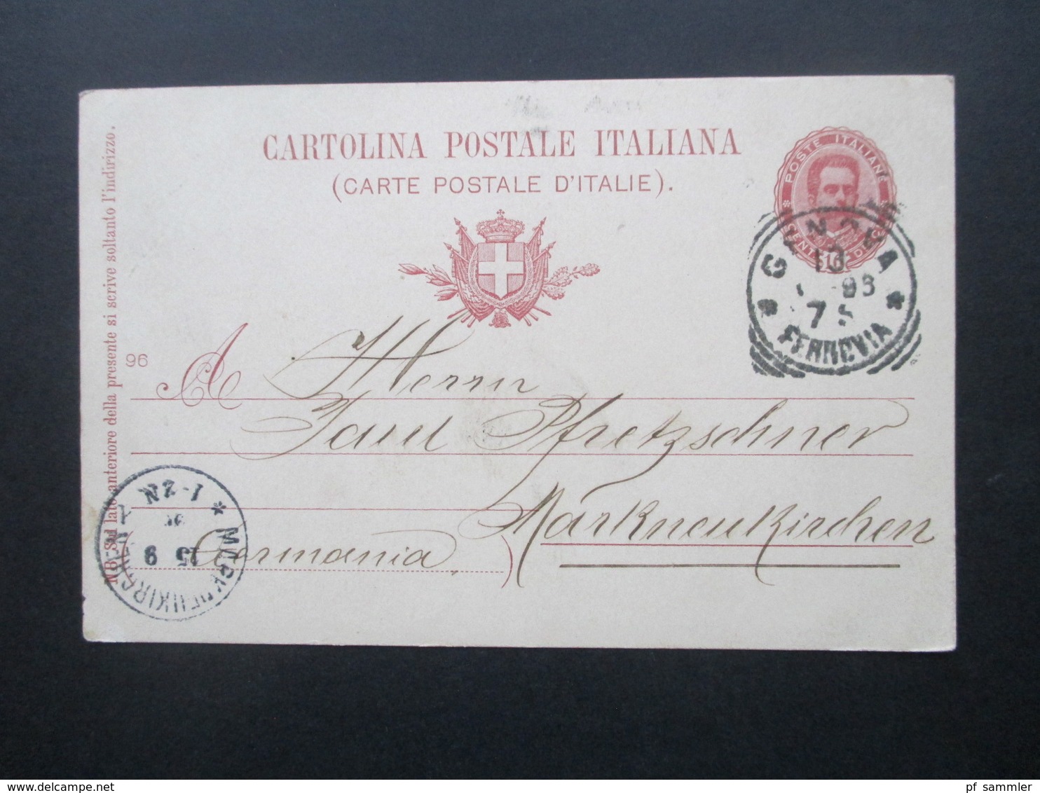 Italien 1896 Ganzsache Genua / Genova Nach Markneukirchen Mit Ak Stempel K1 Markneukirchen * 1 - Ganzsachen