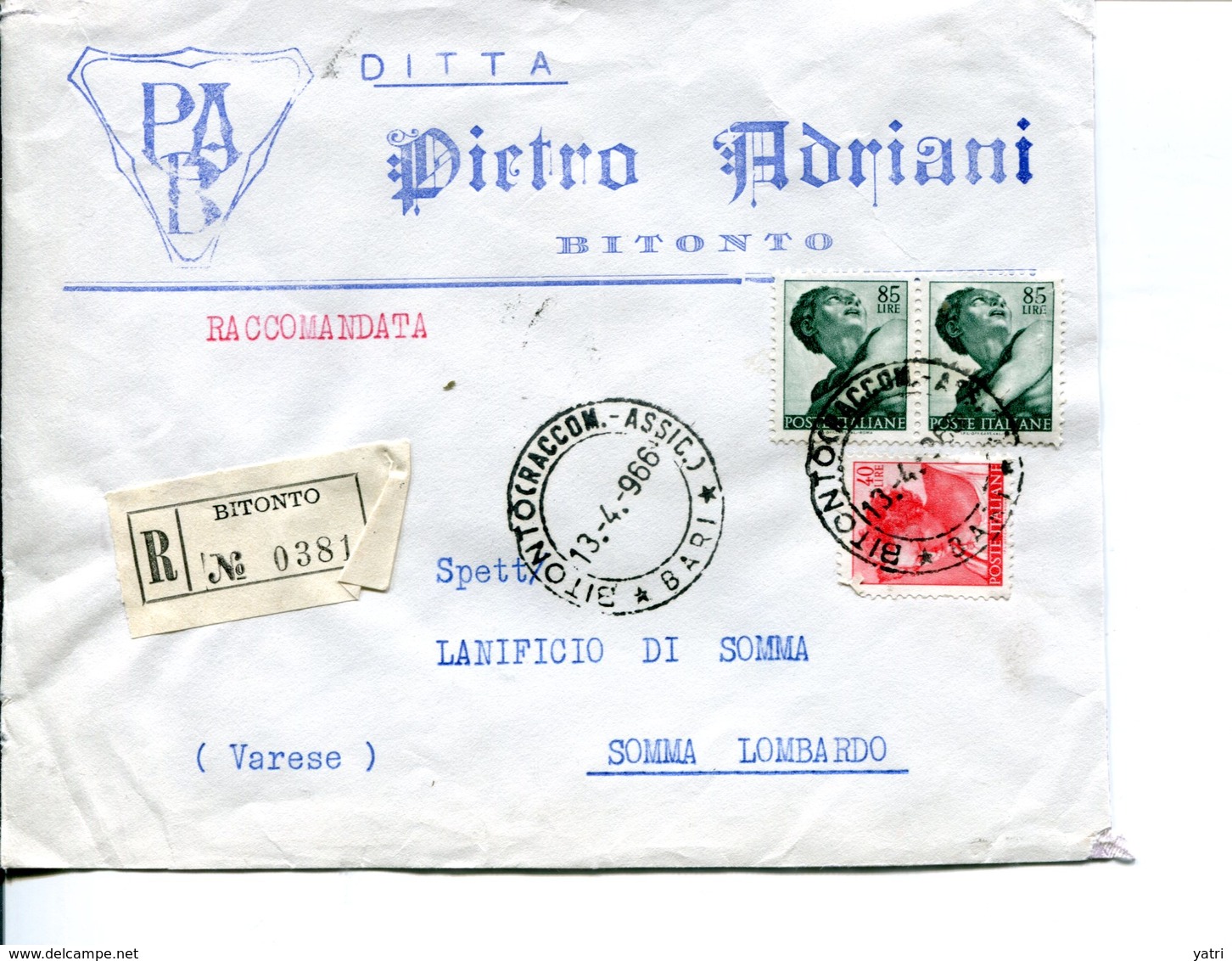 Italia (1966) -  2x85 + 40 Lire Michelangiolesca Su Raccomandata Doppio Porto Da Bitonto - 1961-70: Storia Postale