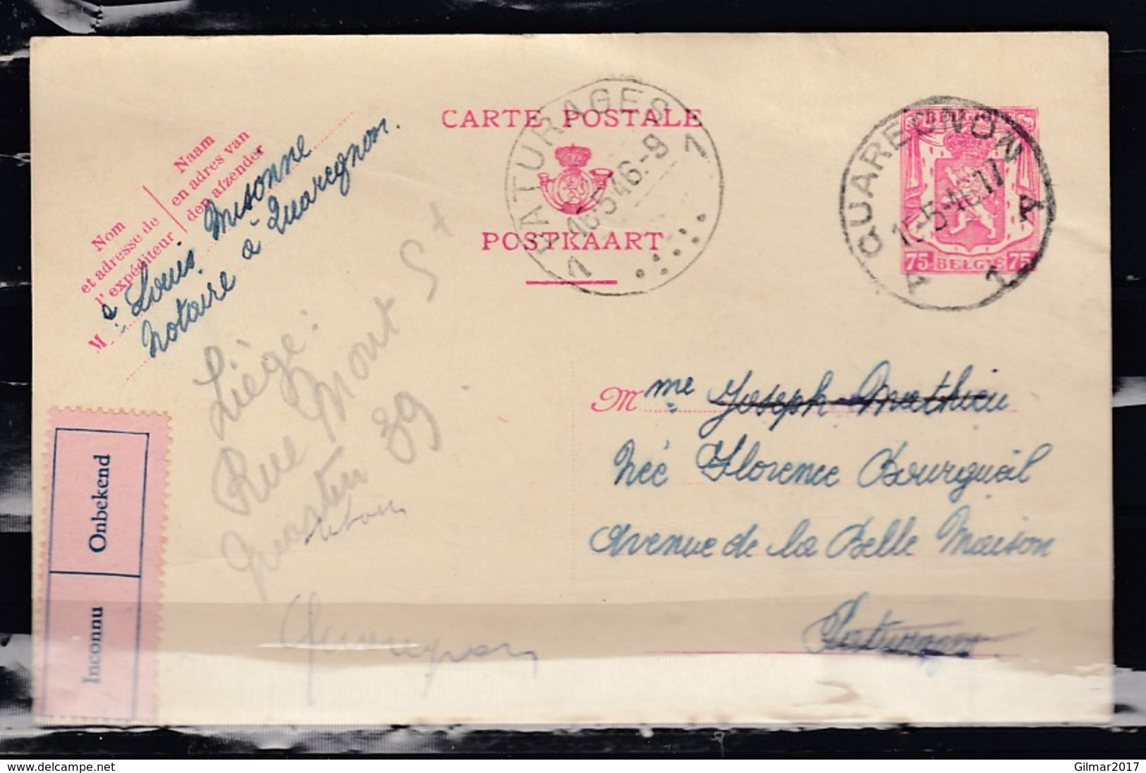 Postkaart Van Quaregnon Naar Paturages - 1935-1949 Klein Staatswapen