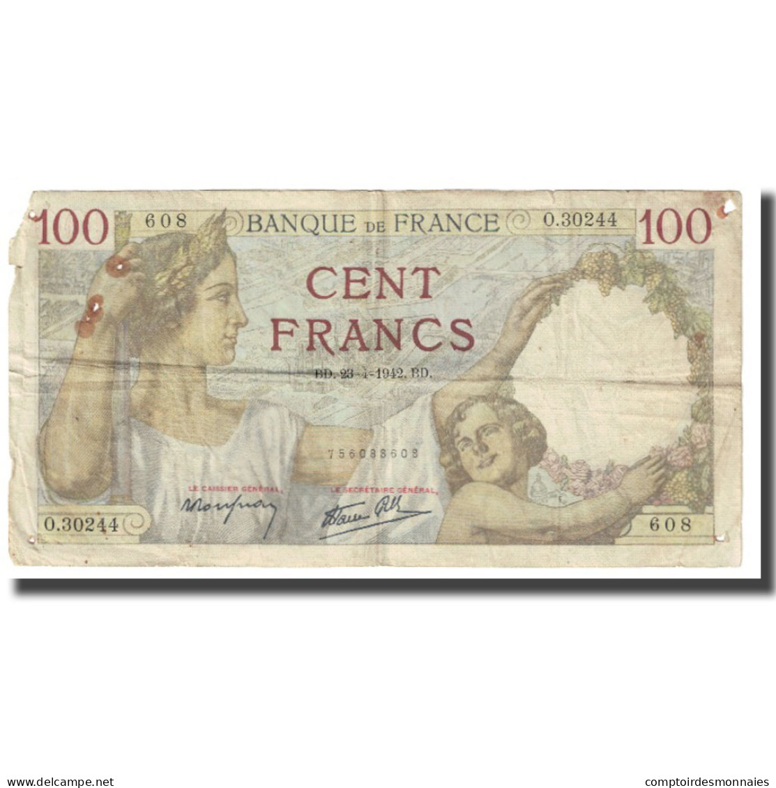 France, 100 Francs, Sully, 1942, P. Rousseau And R. Favre-Gilly, 1942-04-23, TB - 100 F 1939-1942 ''Sully''