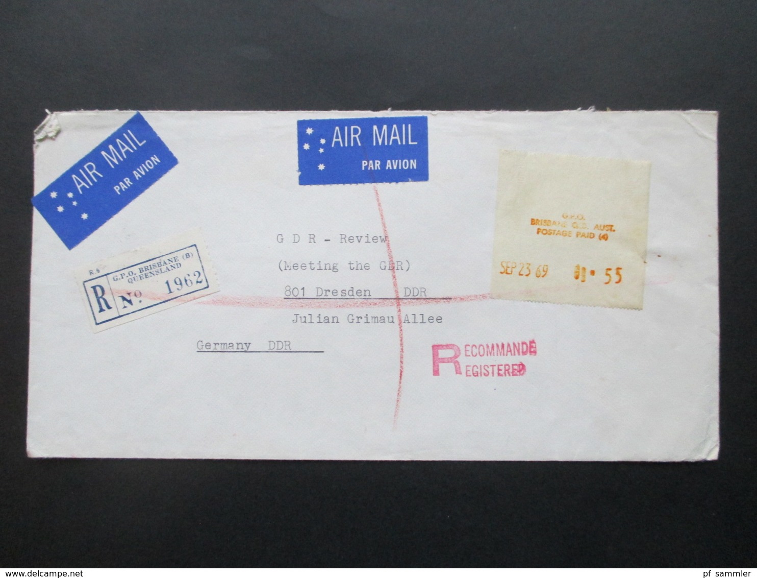 Australien Queensland Air Mail Registered Letter GPO Brisbane Mit Klebezettel Als Marke! ATM Vorläufer ?! Nach Dresden! - Cartas & Documentos