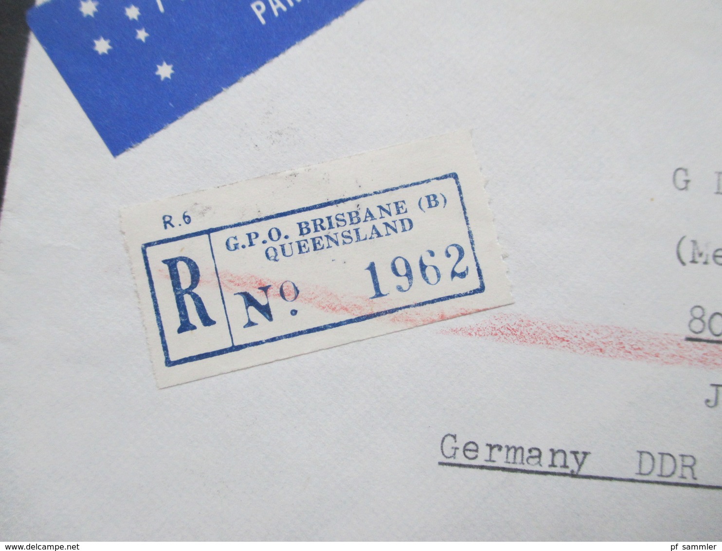 Australien Queensland Air Mail Registered Letter GPO Brisbane Mit Klebezettel Als Marke! ATM Vorläufer ?! Nach Dresden! - Briefe U. Dokumente