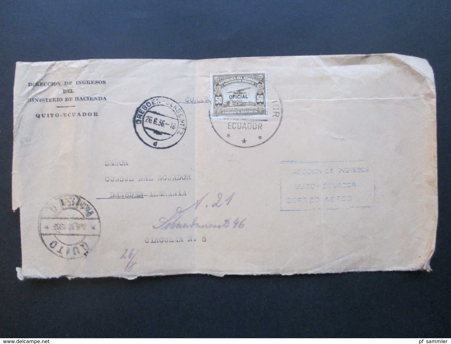 Ecuador 1936 Marke Mit Aufdruck Oficial Direccion De Ingresos Del Ministerio De Hacienda Quito Luftpost Nach Dresden - Ecuador