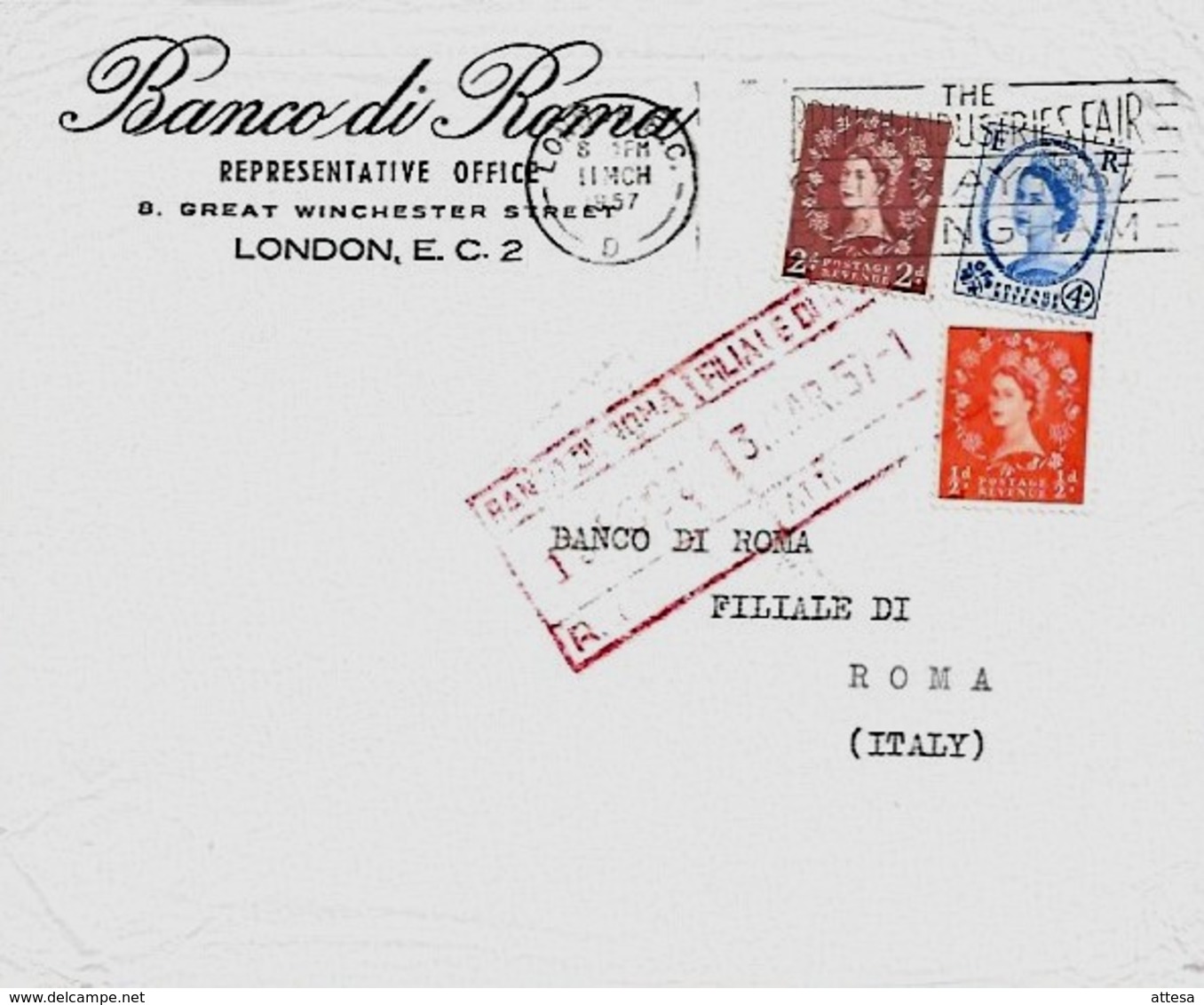 London 11-3-1957 Da BANCO DI ROMA REPRESENTATIVE OFFICE A BANCO DI ROMA - 1946-60: Storia Postale