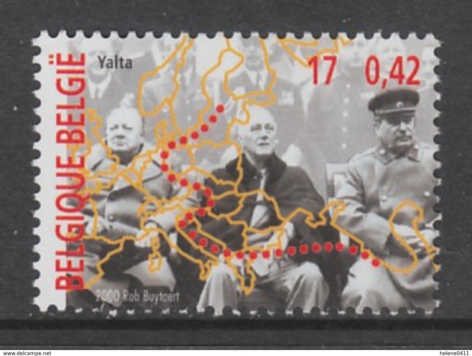 TIMBRE NEUF DE BELGIQUE - LES ACCORDS DE YALTA (CHURCHILL, ROOSEVELT ET STALINE) N° Y&T 2943 - WO2