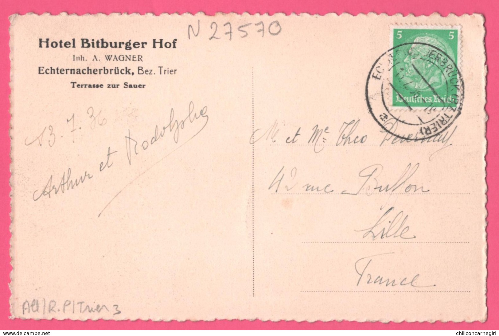 Cp Dentelée - Trier - Hotel Bitburger Hof - Inh. A. WAGNER - Echternacherbrück Bez. Trier - Terrasse Zur Suaer - 1936 - Trier