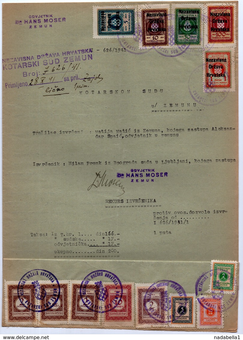 28.10.1941 WWII NDH, CROATIA, ZEMUN, REGIONAL COURT, 10 REVENUE STAMPS, 3 LAWYERS PENSION FUND STAMPS - Croatia