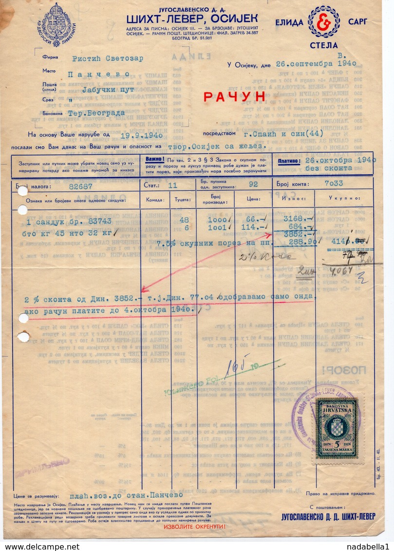 1940. YUGOSLAVIA,CROATIA,OSIJEK,SIHT-LEVER,INVOICE ON COMPANY'S LETTERHEAD,1 BANOVINA HRVATSKA REVENUE STAMP - Croatia