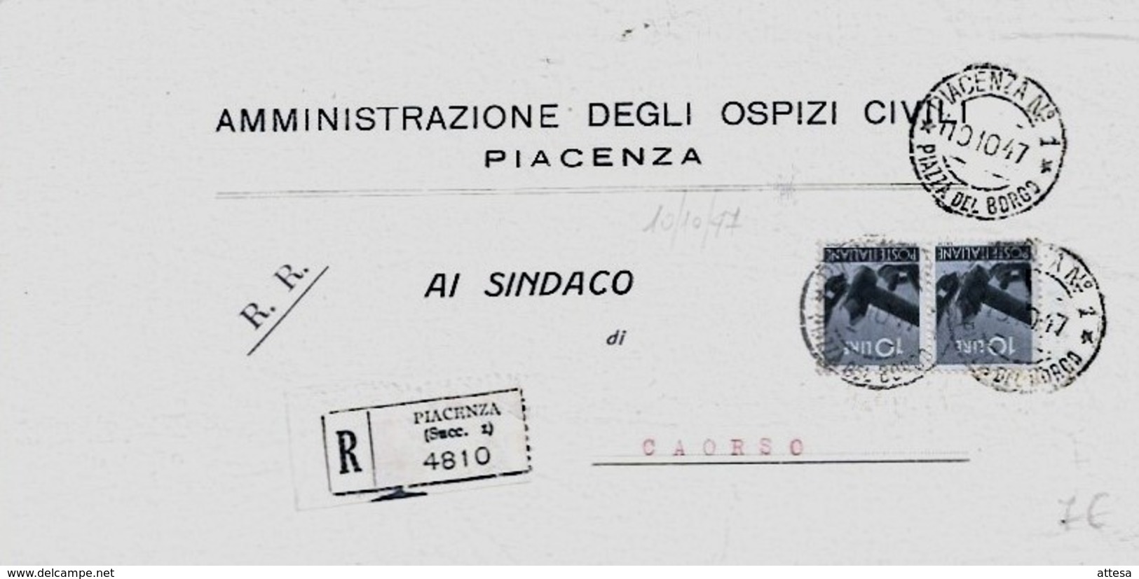 Piacenza 10-10-1947 Tariffa Raccomandata Aperta Per Caorle - 1946-60: Storia Postale