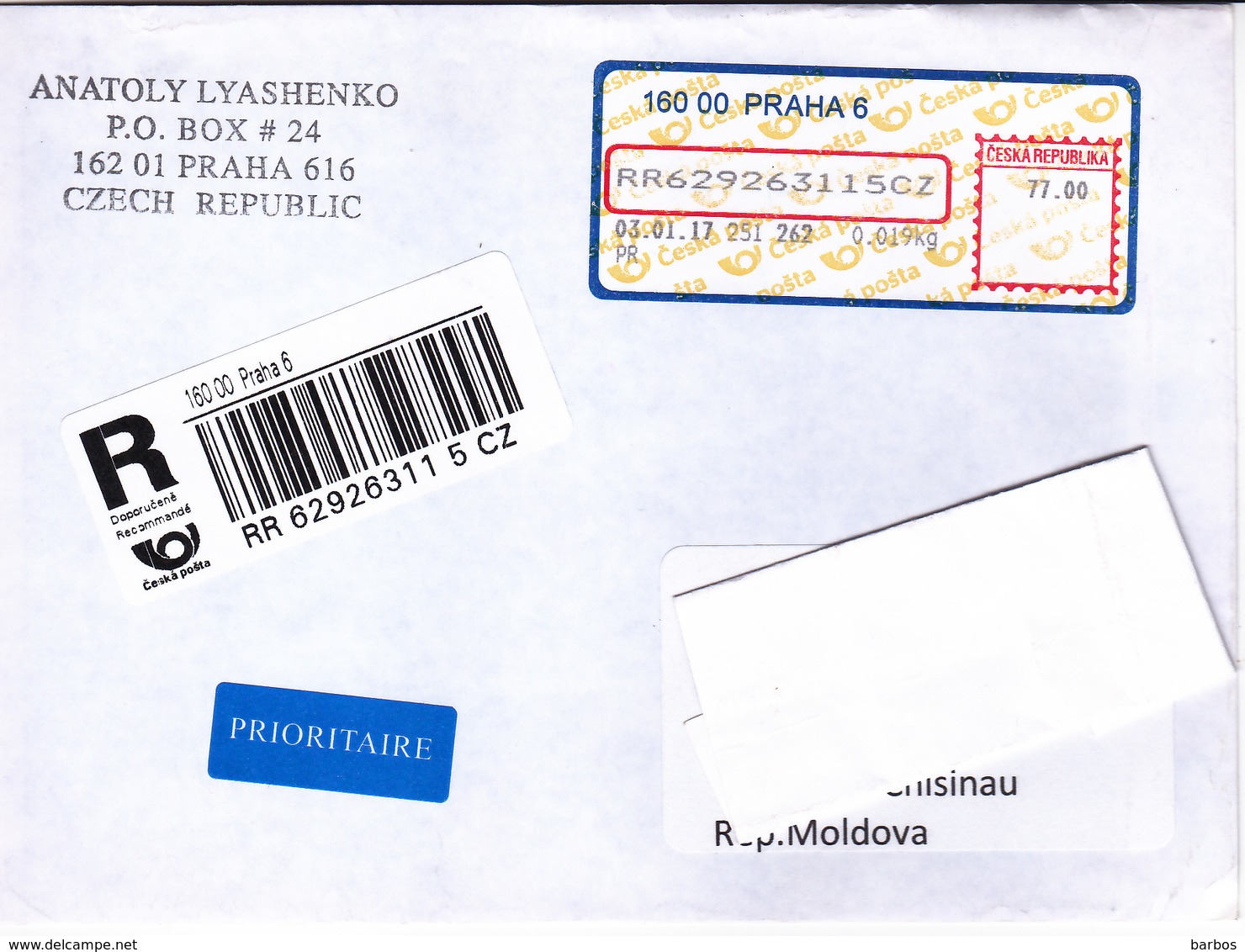 Czech Republic  To Moldova , 2017 ,  Used Recomanded Cover - Lettres & Documents